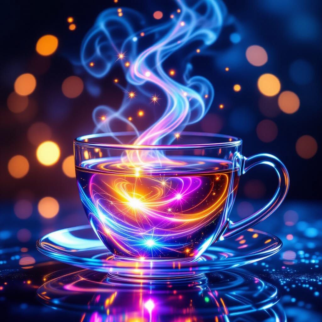 Glowing Liquid Light in Teacup: Cinematic Sparkle