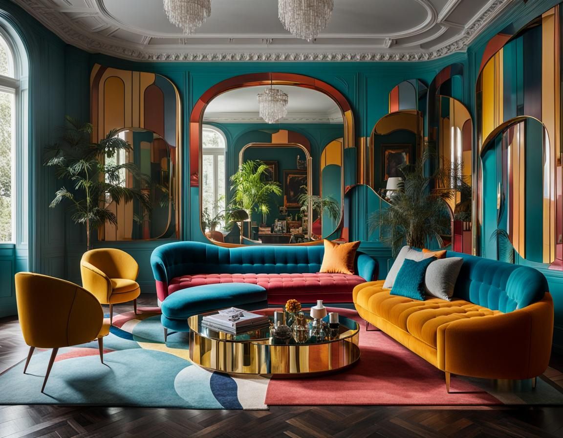 Colorful Living Room with Sculptural Sofa in Neoclassical St...
