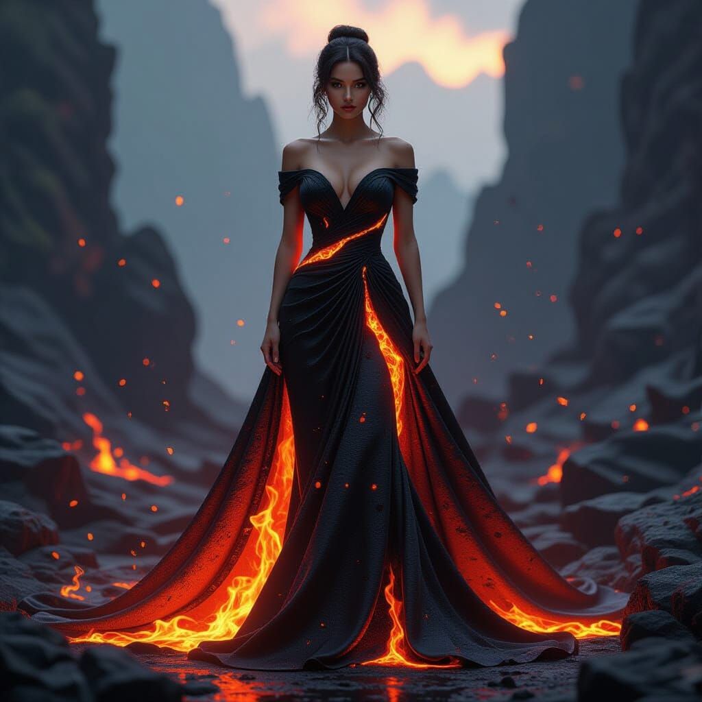 Woman in Molten Lava Dress with Dynamic Lighting
