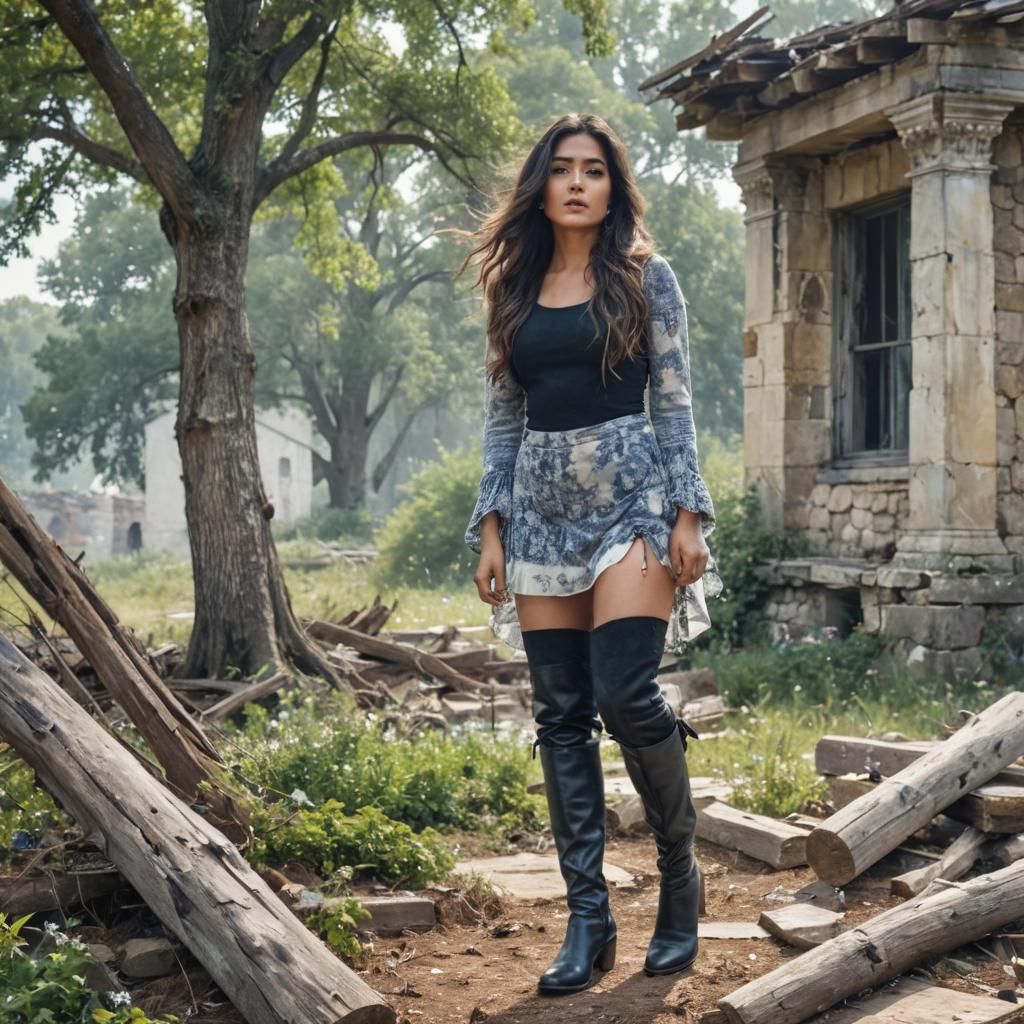 Surreal Watercolor of a Young Woman in Ruins