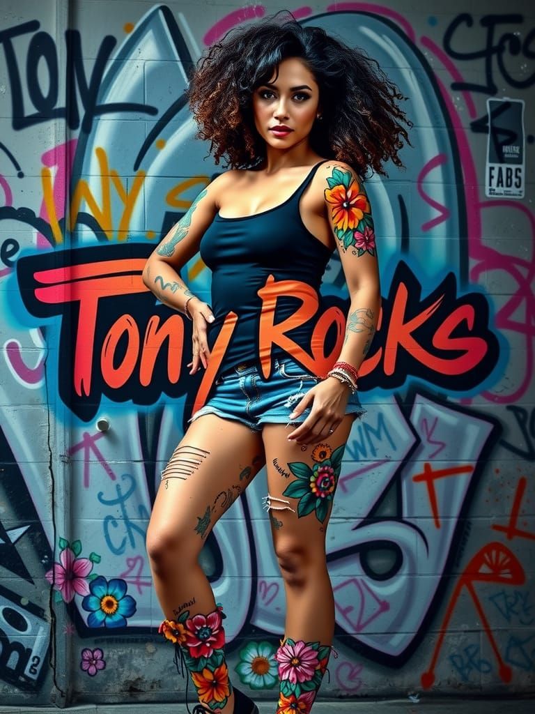 Dynamic Woman with Graffiti Body Art