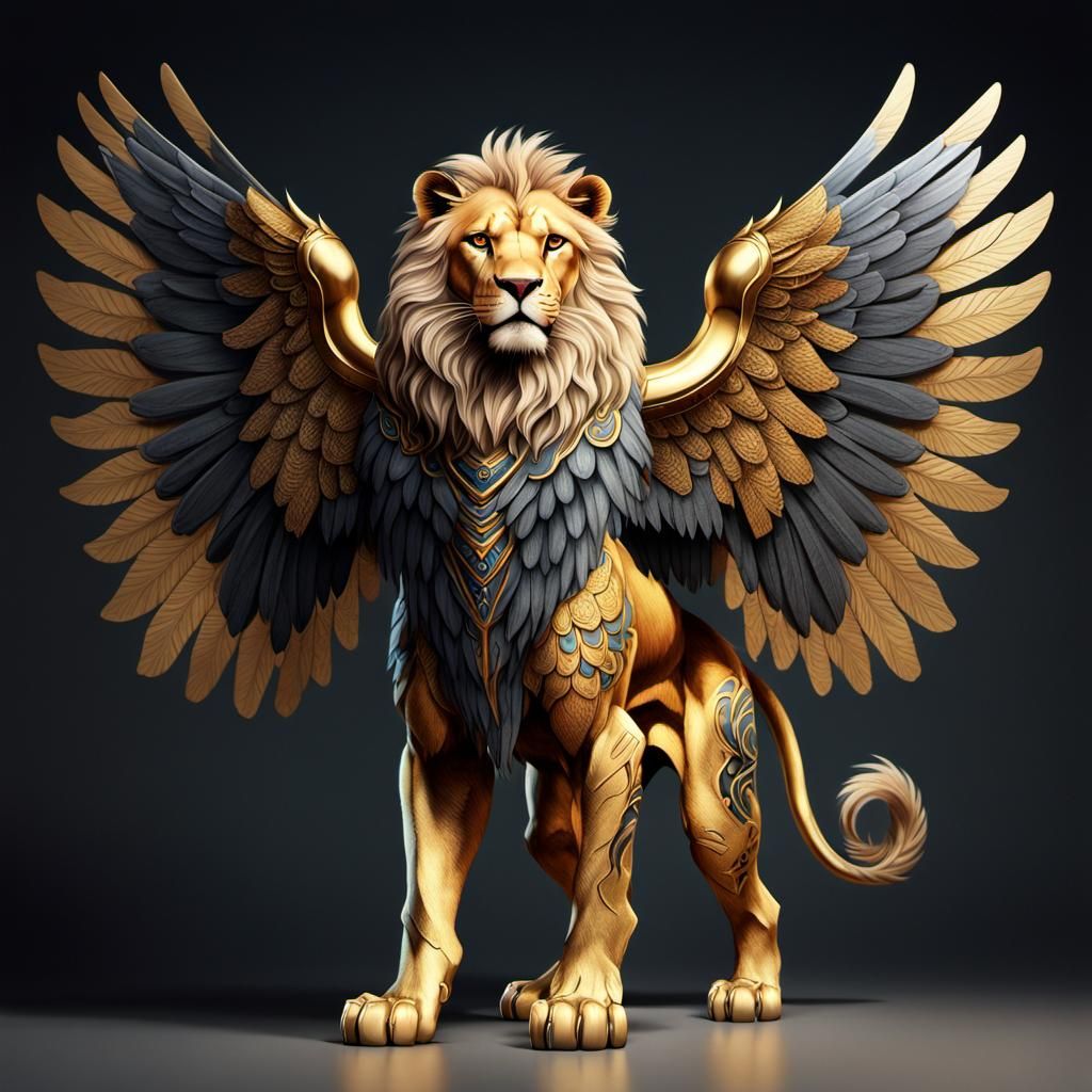 Anthropomorphic Winged Lion with Futuristic Car, Digital Art