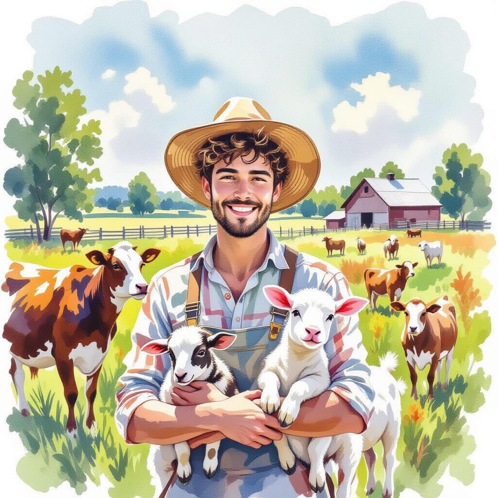 Young Man on Farm Surrounded by Animals in Watercolor Style