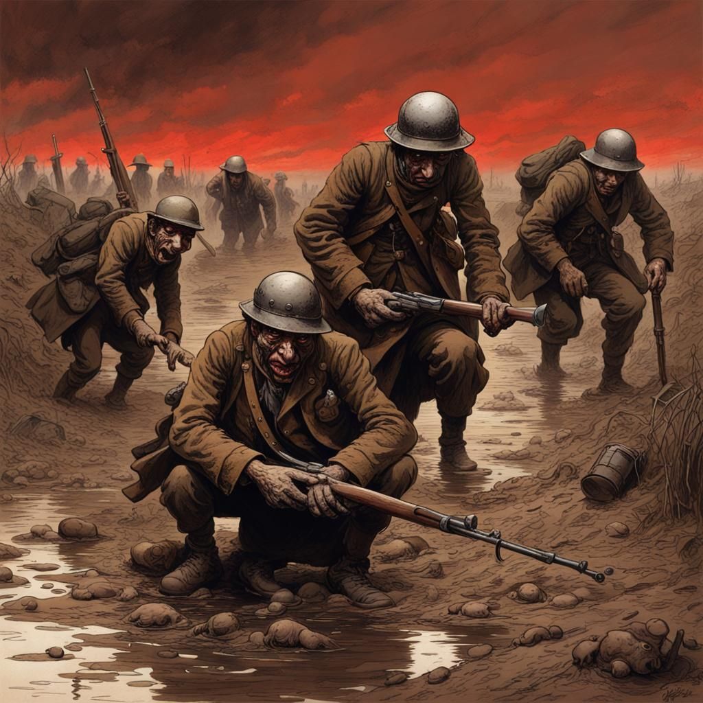 WWI Soldiers in Muddy No Man's Land