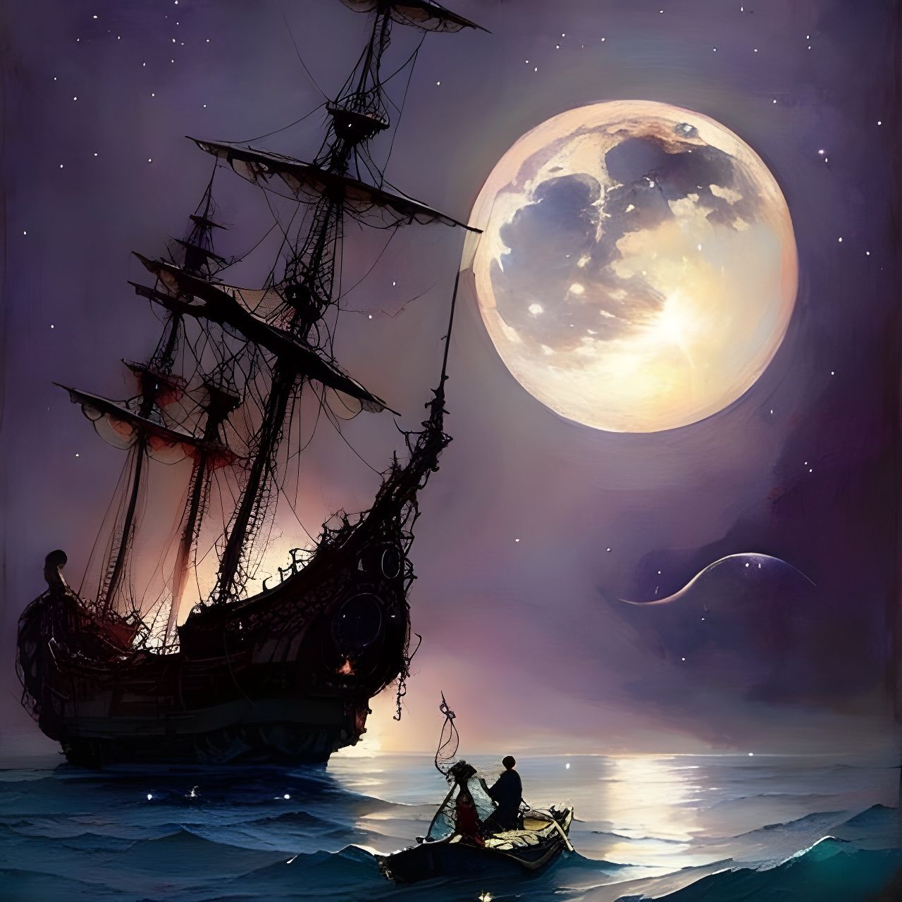 Purple Starry Night Over Ocean With Pirate Ship