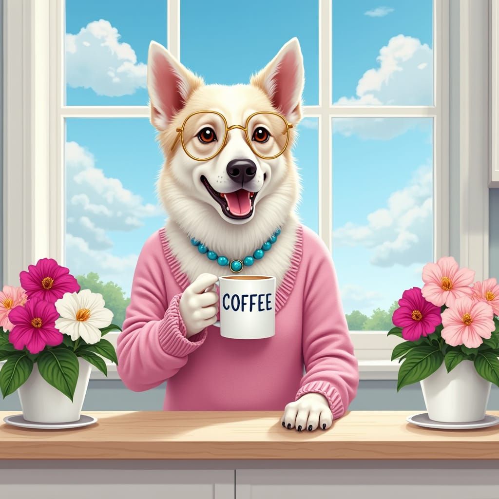 Borzoi Dog Enjoys Coffee in Sunny Kitchen