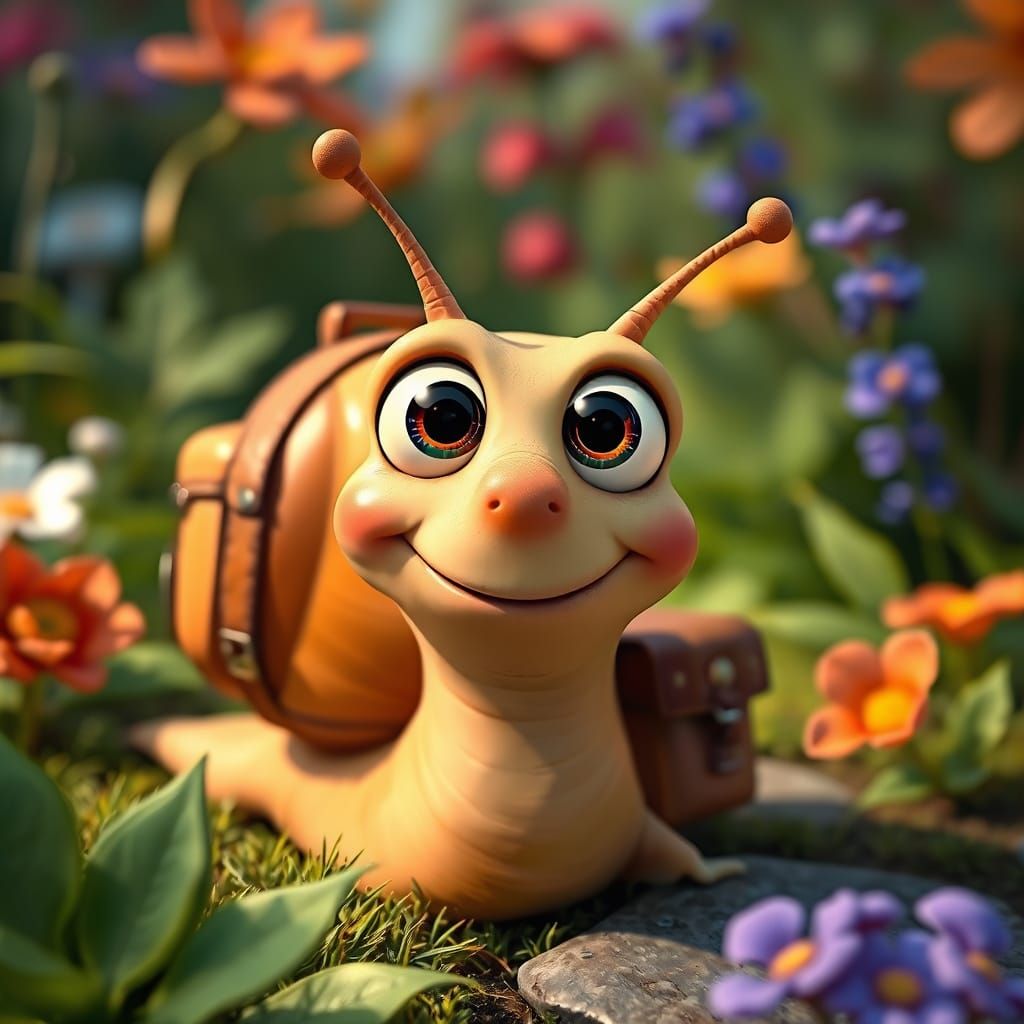 Smiling Snail with Backpack in Pixar Disney Style