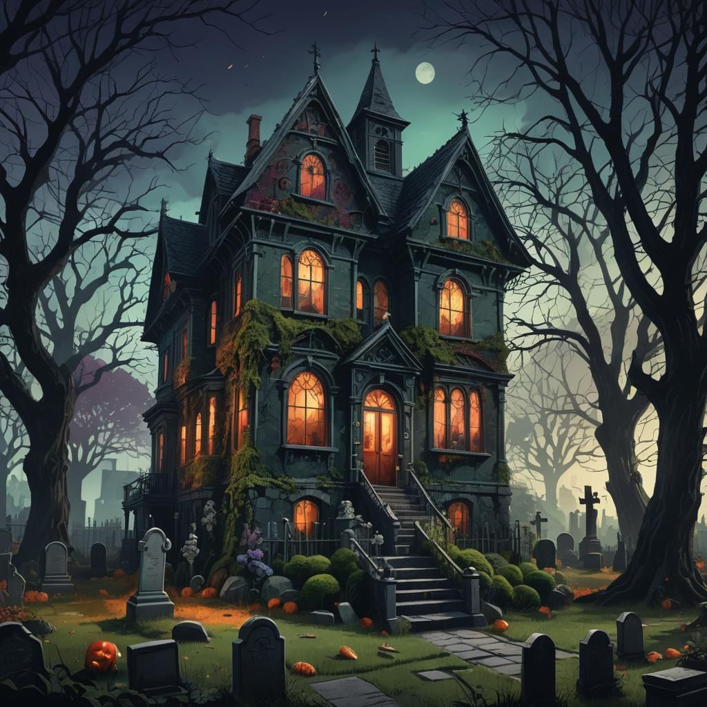 Eerie Haunted House and Cemetery Digital Art