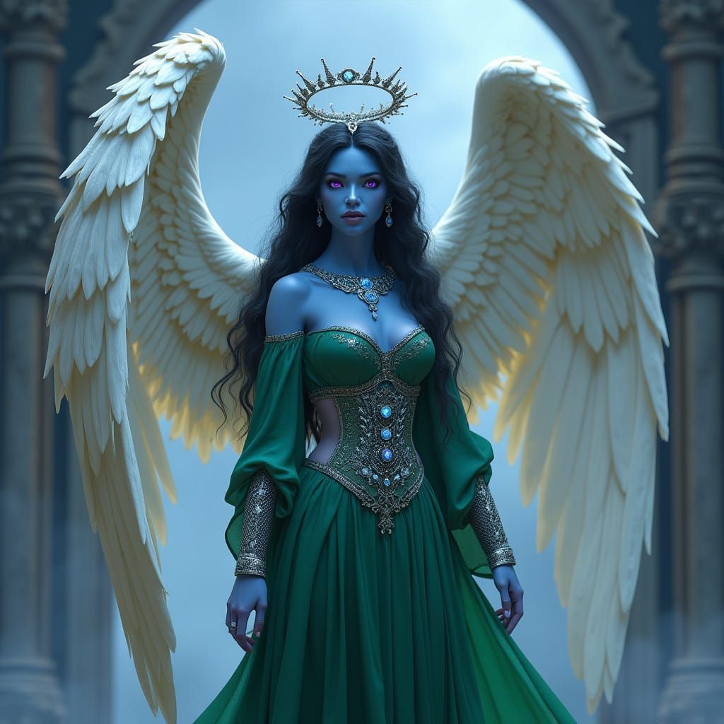 Surreal Aasimar Cleric in Regal Medieval Attire Unfolds Wing...