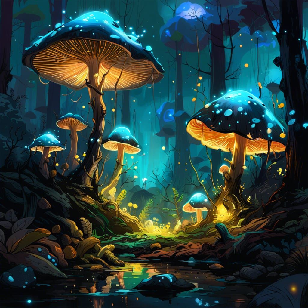 Bioluminescent Mushroom Forest in Ink Splatter Style
