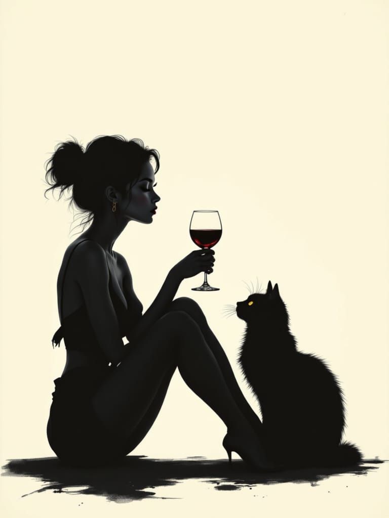 Elegant Woman Silhouette in Profile with Wine Glass and Cat