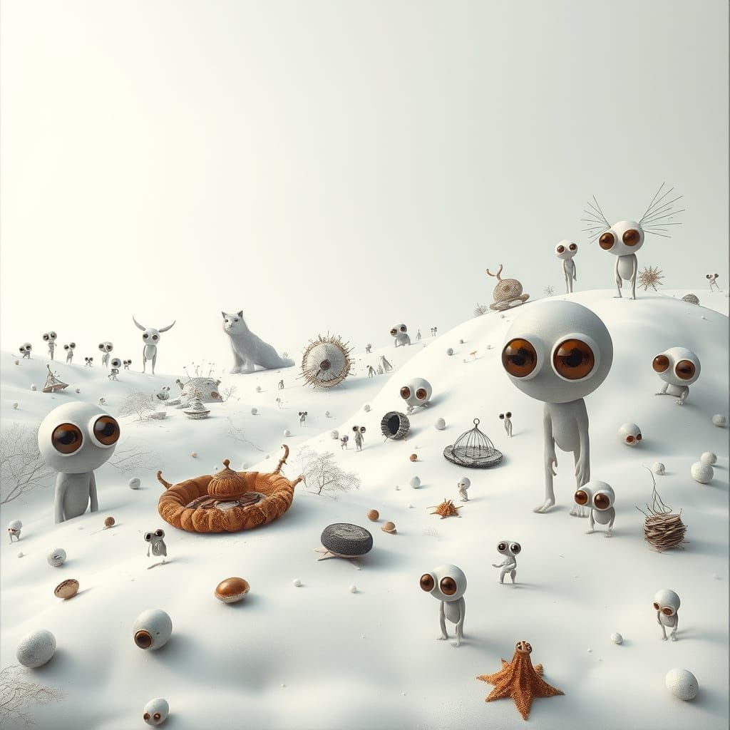 Surreal White Landscape with Whimsical Figures and Strange O...