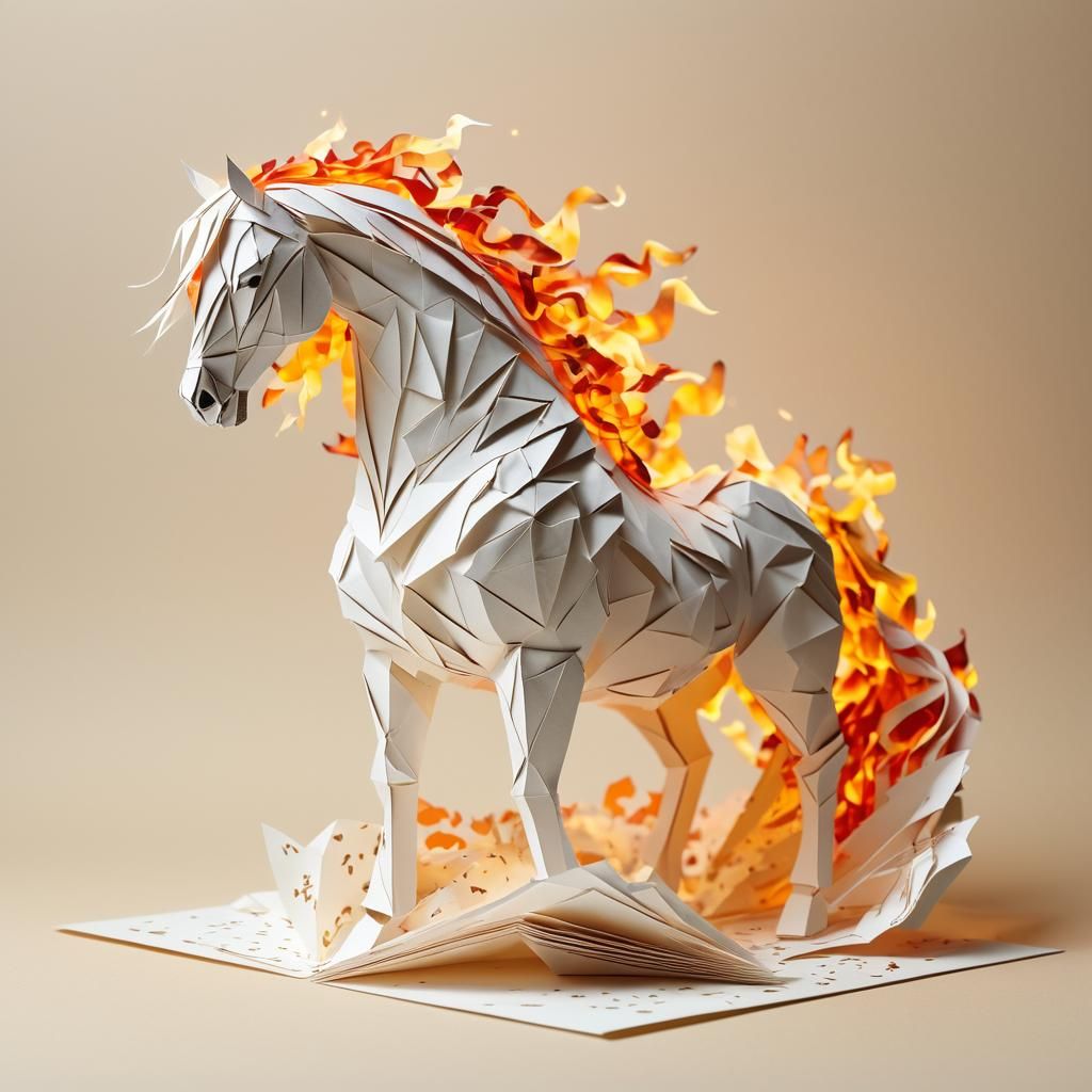 Origami Papercraft: Fiery Horse Amidst Stationery