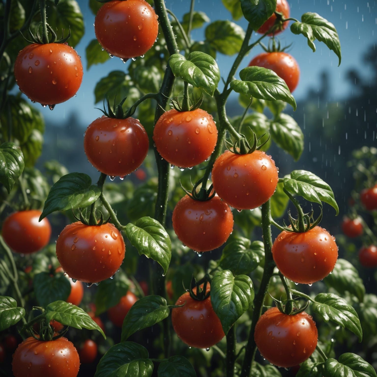 Glistening Water Drops on Tomato Plant