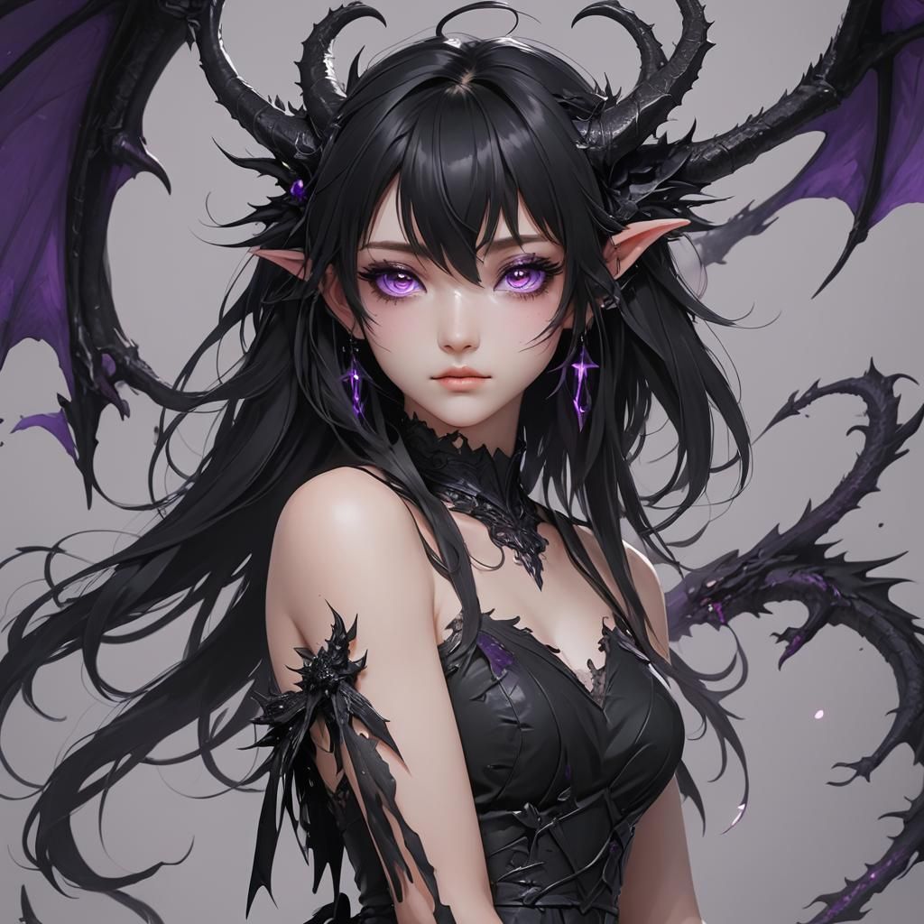 Anime Girl with Dragon Wings and Purple Eyes