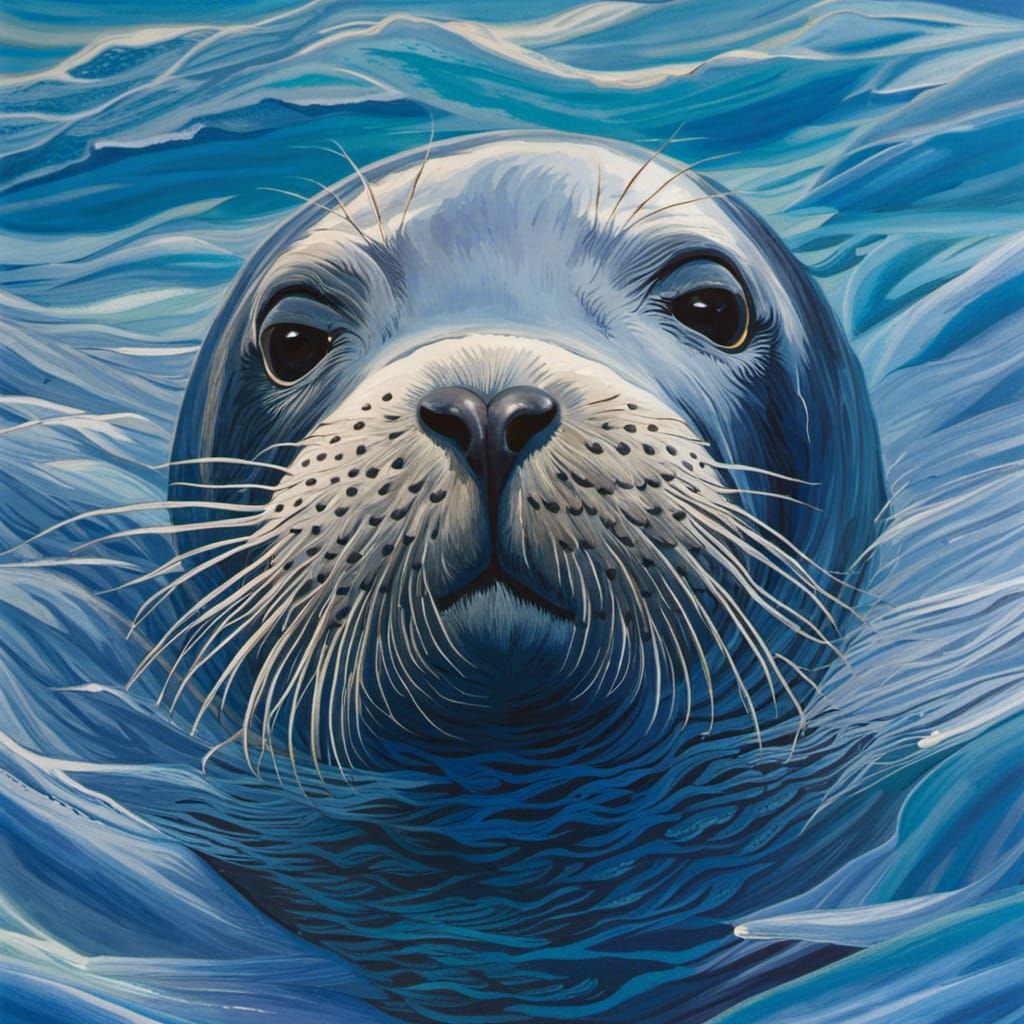 Blue Seal Swimming in Blue Sea: Hyperdetailed Art