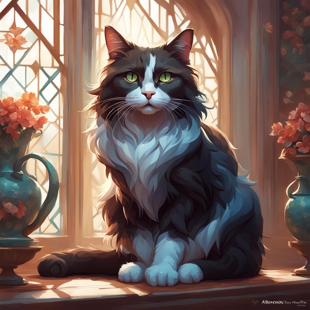 Brunette Cat Portrait in Folk Art Style