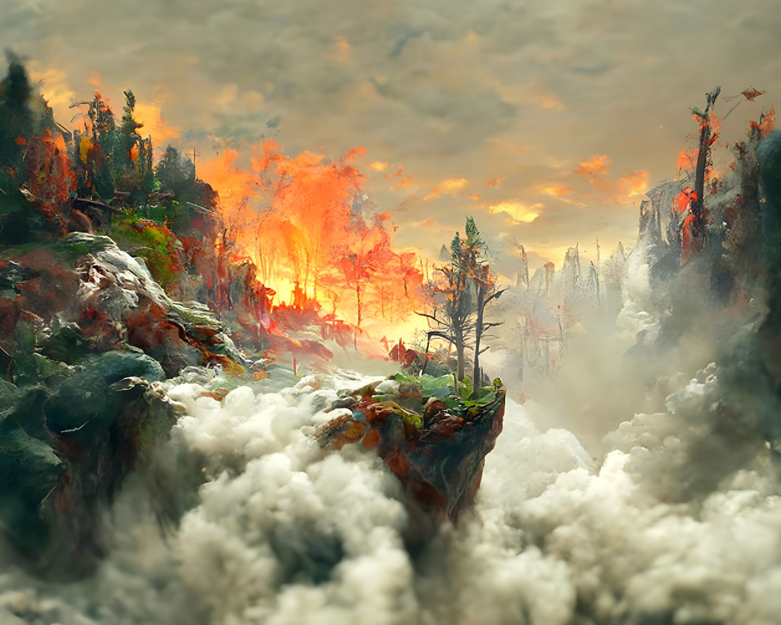 Epic Forest Fire in the Mountains, Dramatic Painting