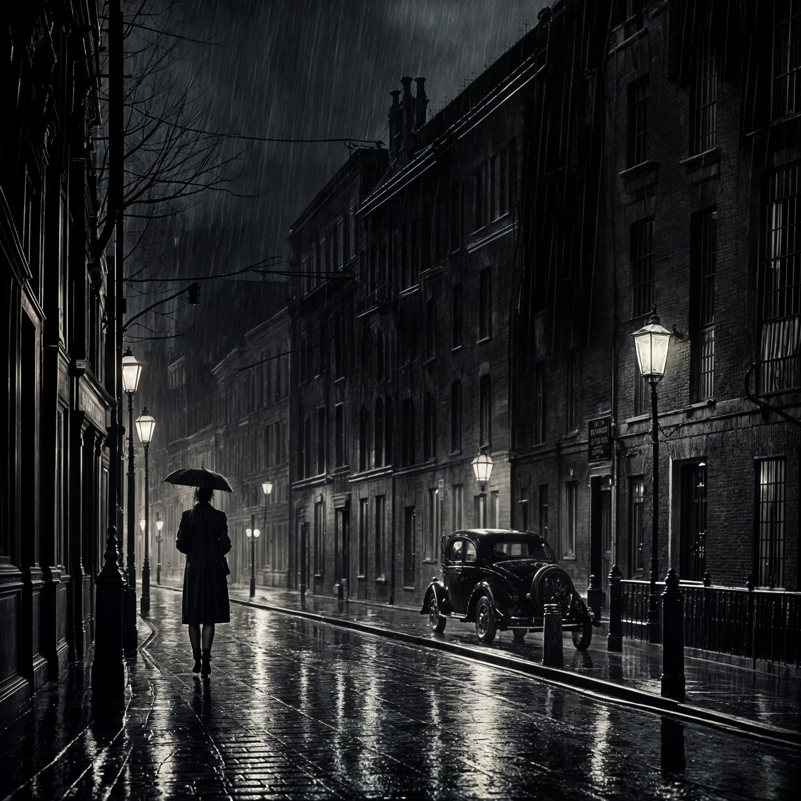 Photorealistic Dark Rainy Street in Film Noir Style