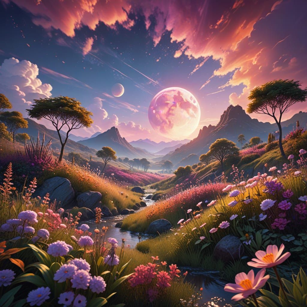 Surreal Paradise under a Vibrant Moonlit Sky