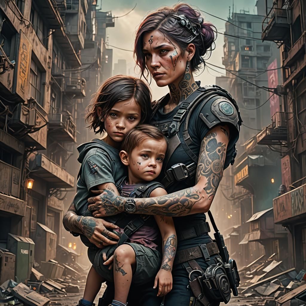 Dystopian Mother and Child in Detailed Digital Painting