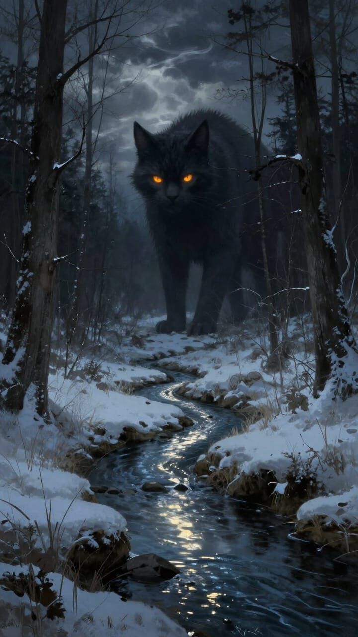 Giant Yule Cat Stalks Snowy Meadow Under Dramatic Night Sky