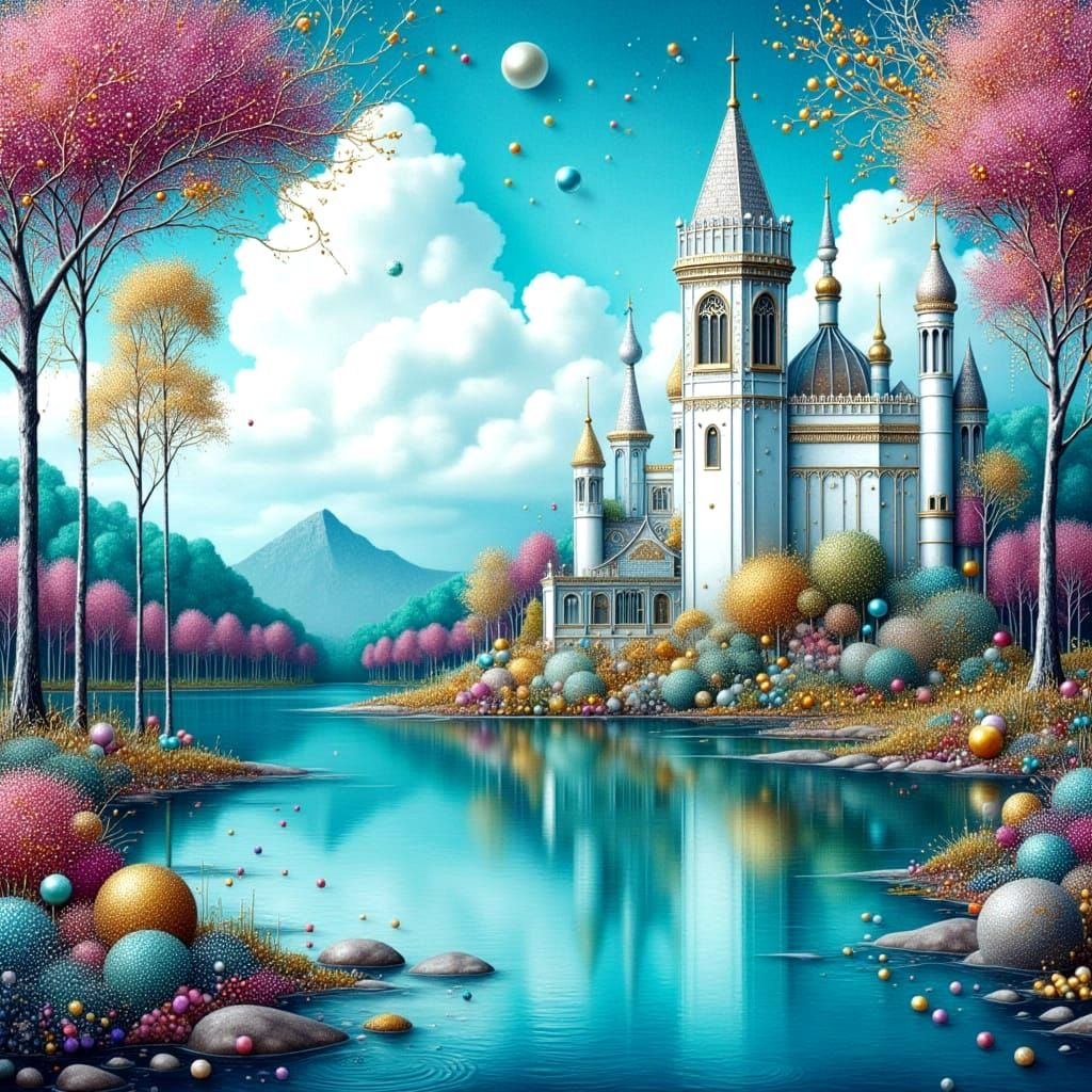 Ethereal Fantasy Castle Amidst Whimsical Landscape