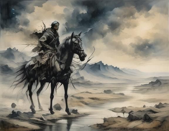 Mongolian Horseman in Snow Globe Landscape