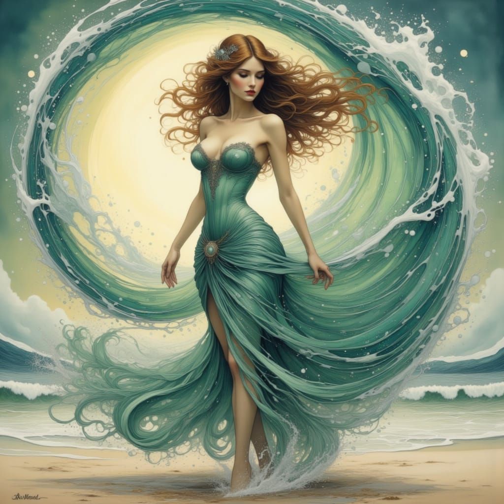 Surreal Airbrush Art of a Mermaid-like Woman on the Beach