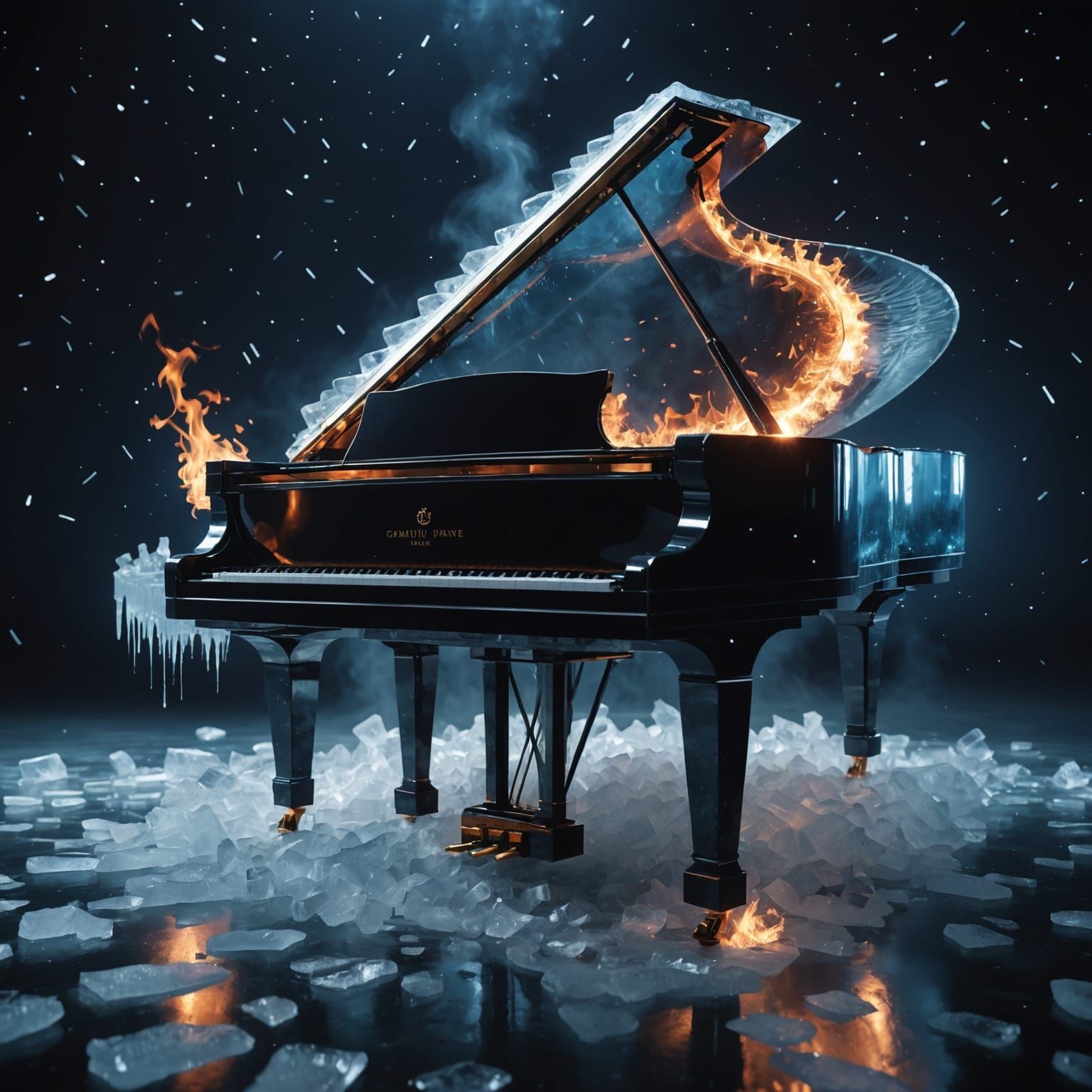Transparent Piano Ablaze in Frozen Night Landscape