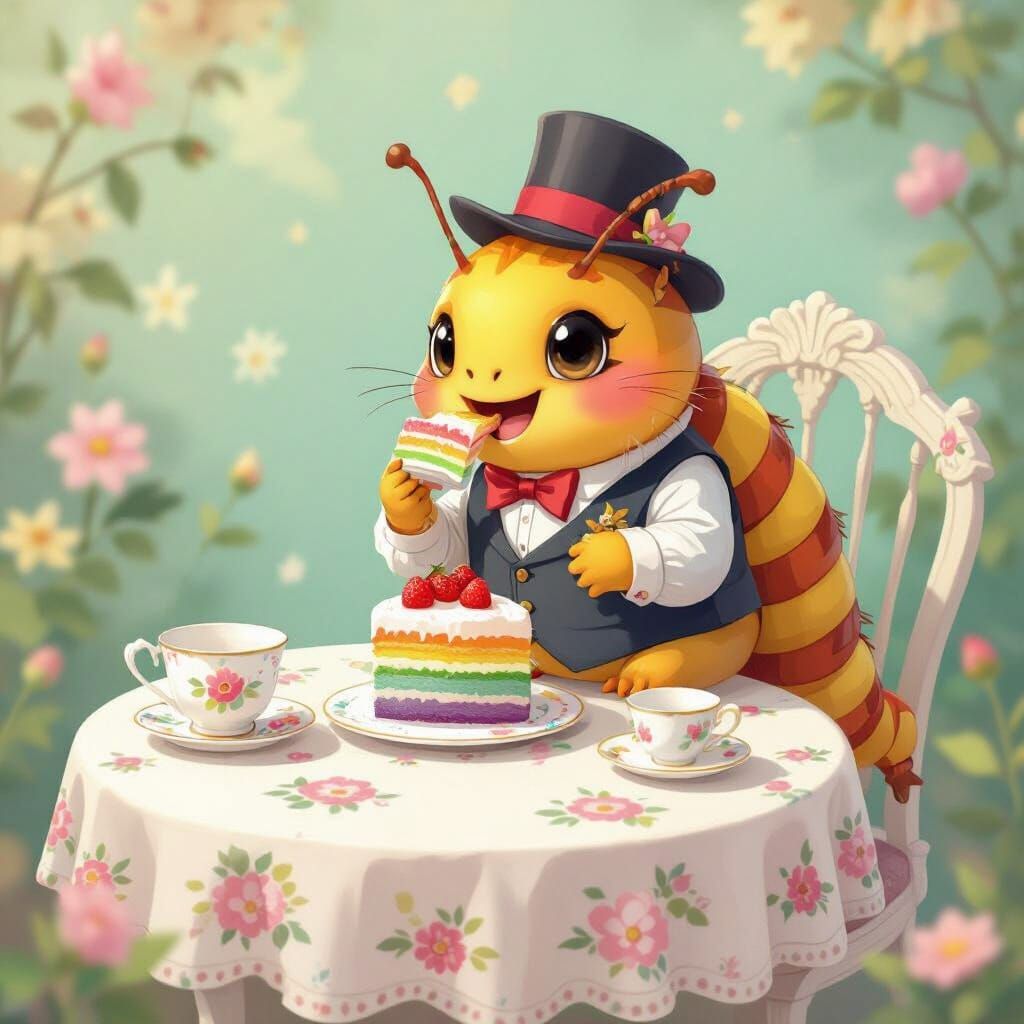 Caterpillar's Delight: Rainbow Cake in Anime Style