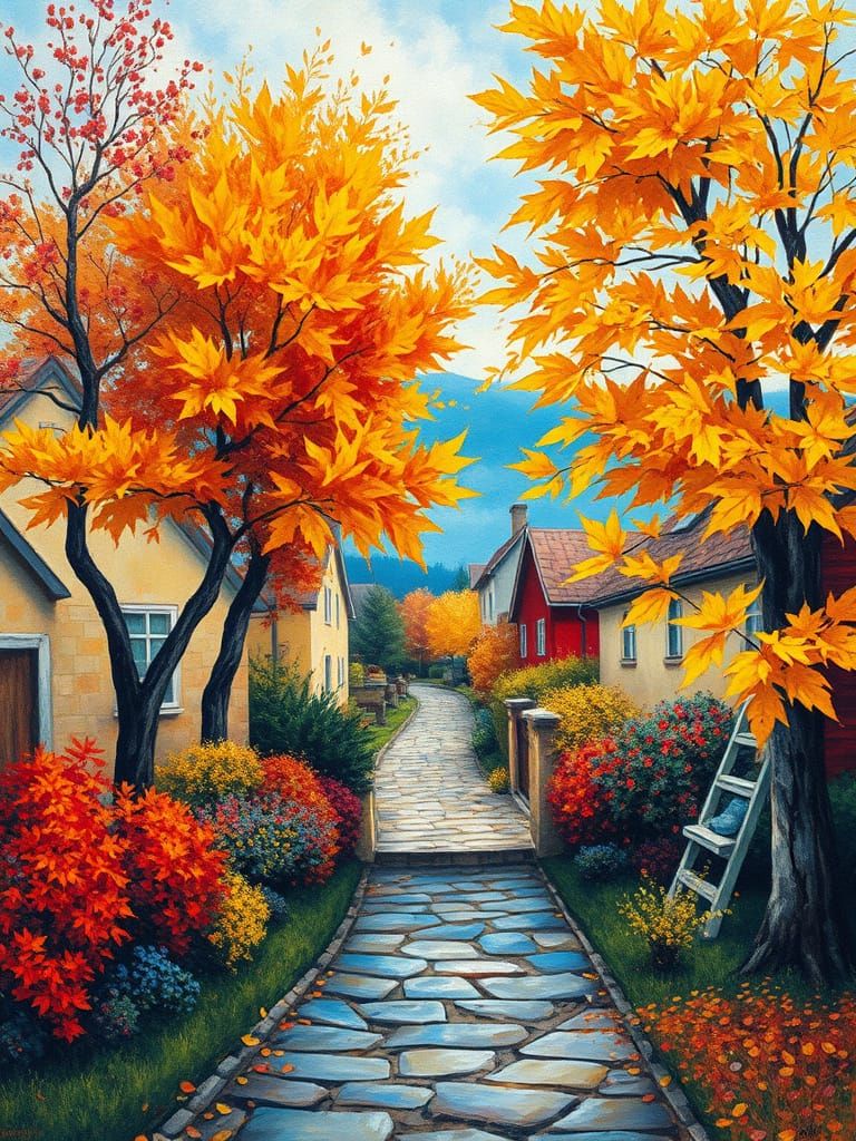 Autumn Village in Impressionistic Watercolor Style