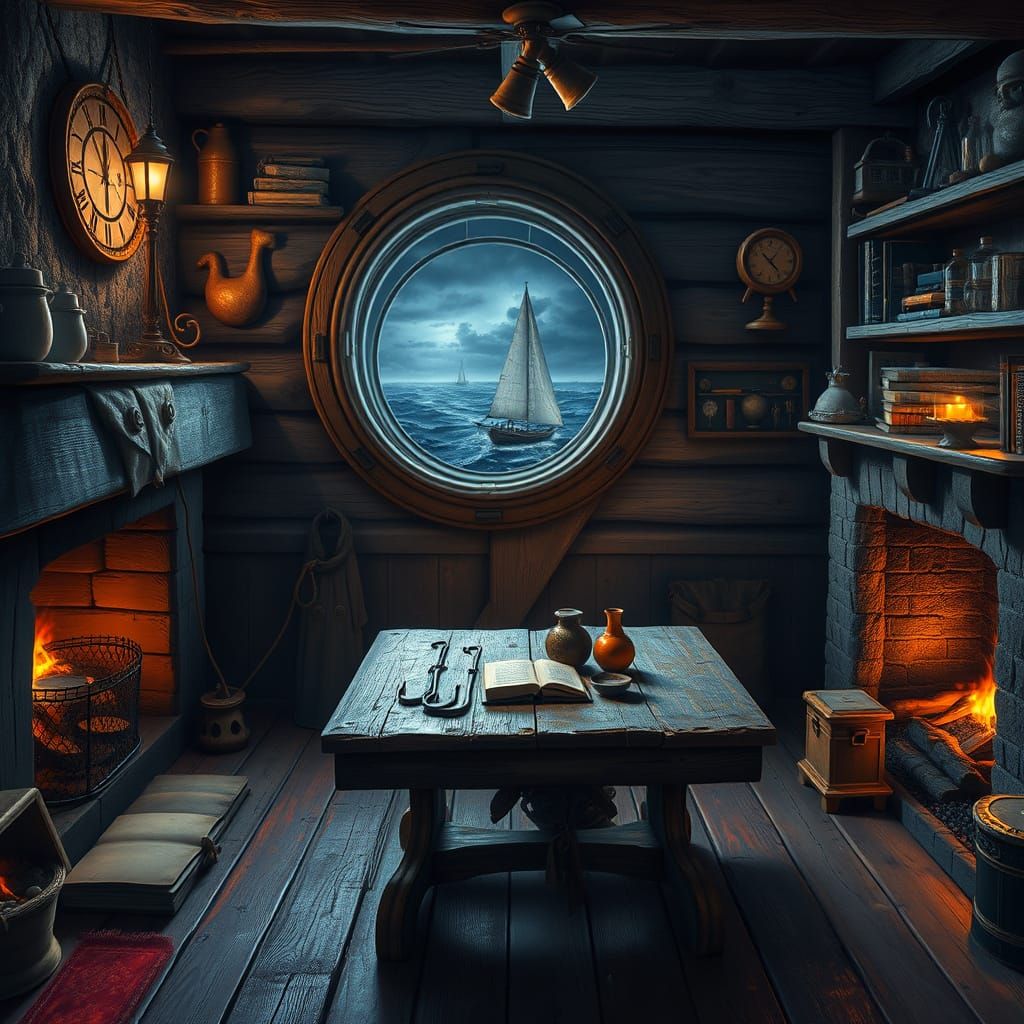 Rustic Lighthouse Interior with Stormy Seascape