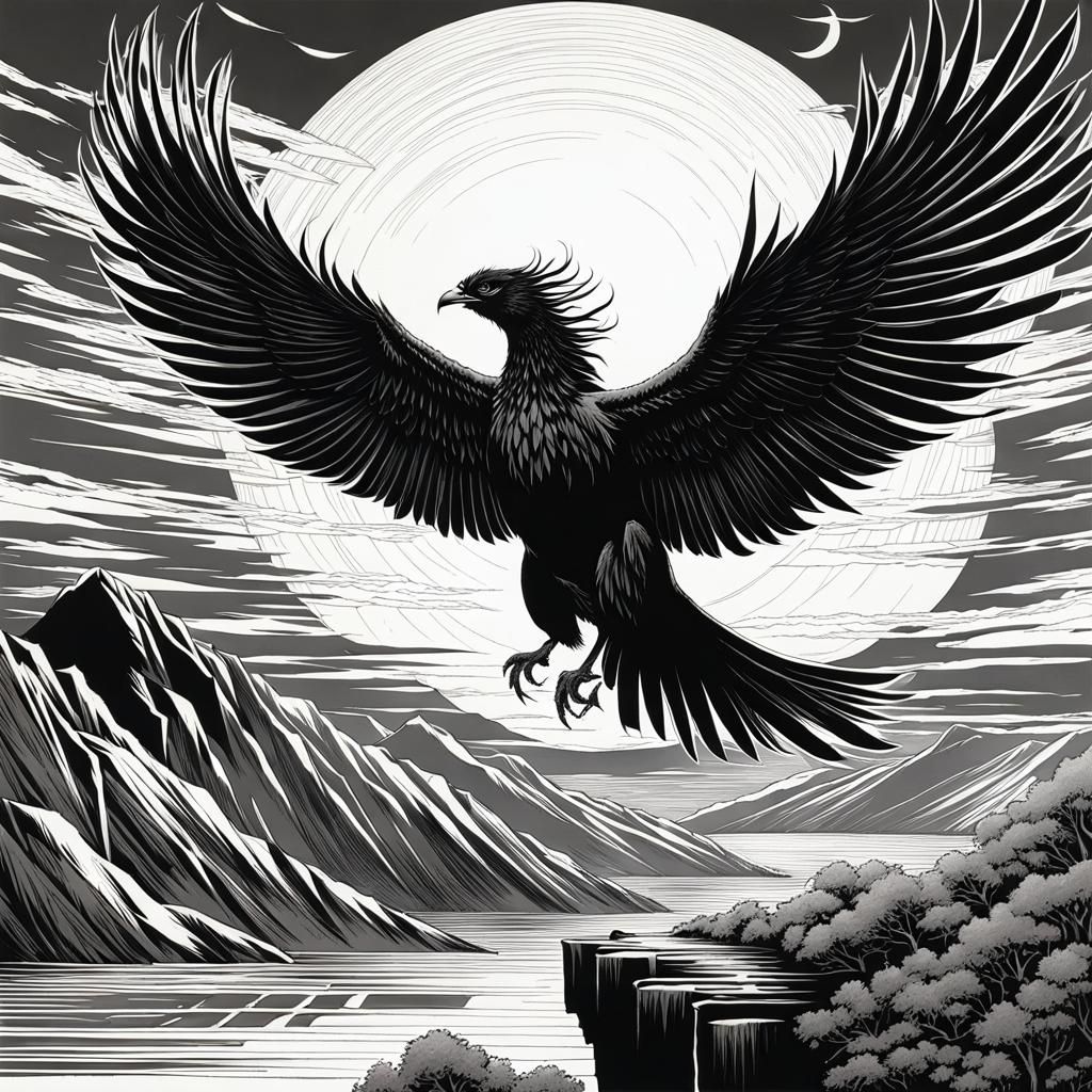 Monochromatic Manga of Lamenting Black Phoenix