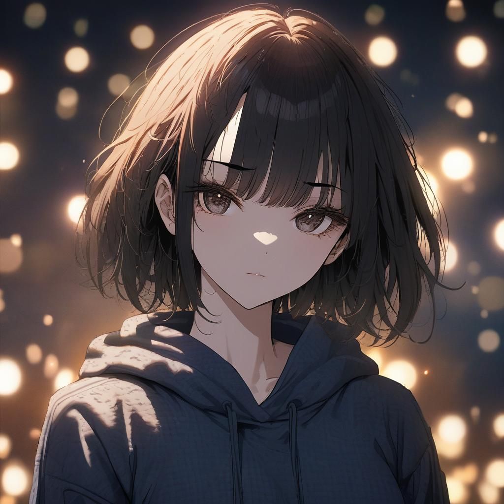 Anime Girl with Dark Hair and Hoodie in Soft Focus