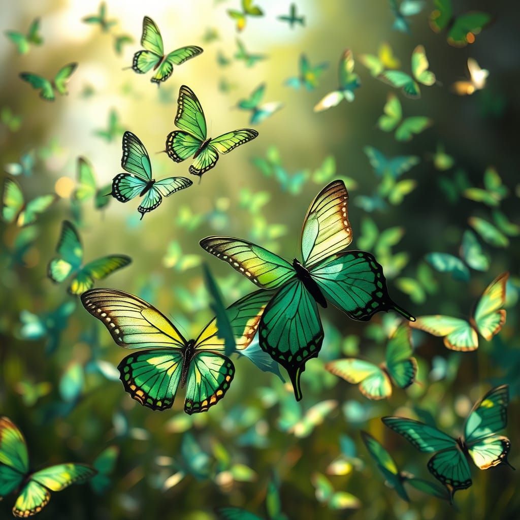 Iridescent Butterflies in Vibrant, Sun-Drenched Atmosphere