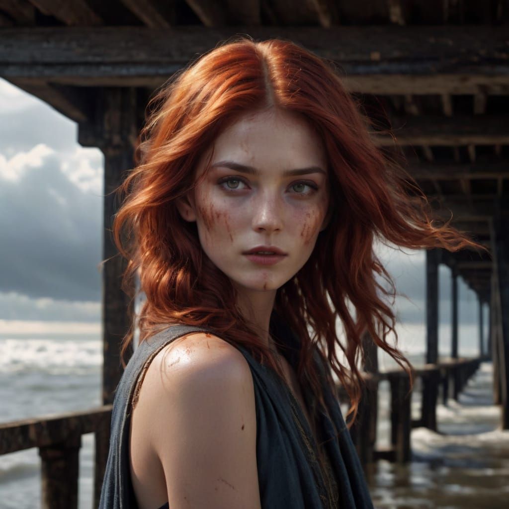 Enigmatic Woman Stands Firm Against Stormy Seas in Cinematic...