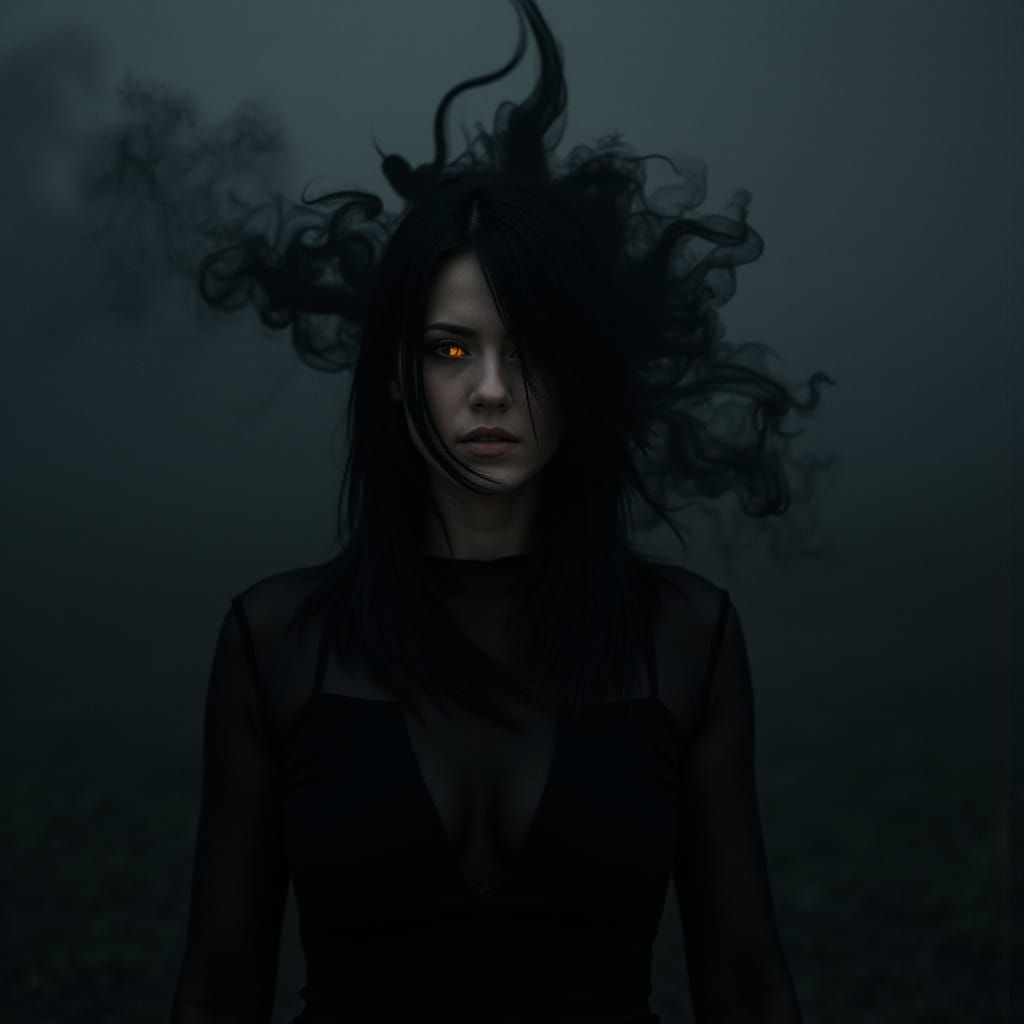 Ethereal Goddess of Shadows in Fiery Splendor