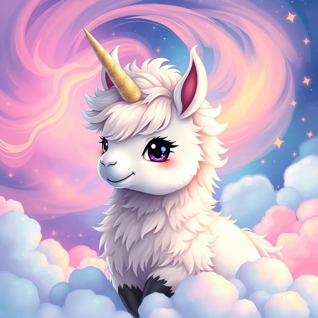 Adorable Pastel-Colored Llama Unicorn Hybrid in Japanese Man...