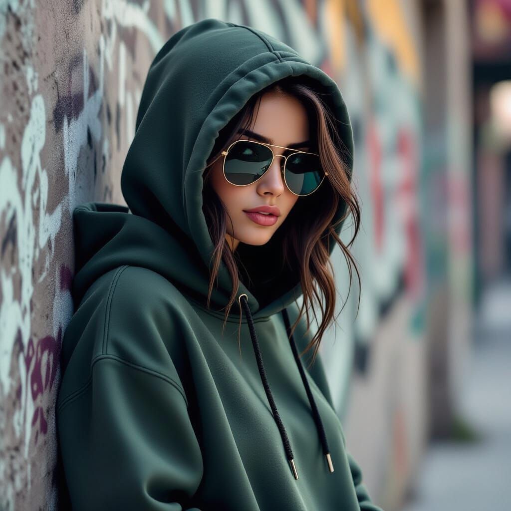 Woman in Hoodie Against Urban Wall - Stylized Illustration