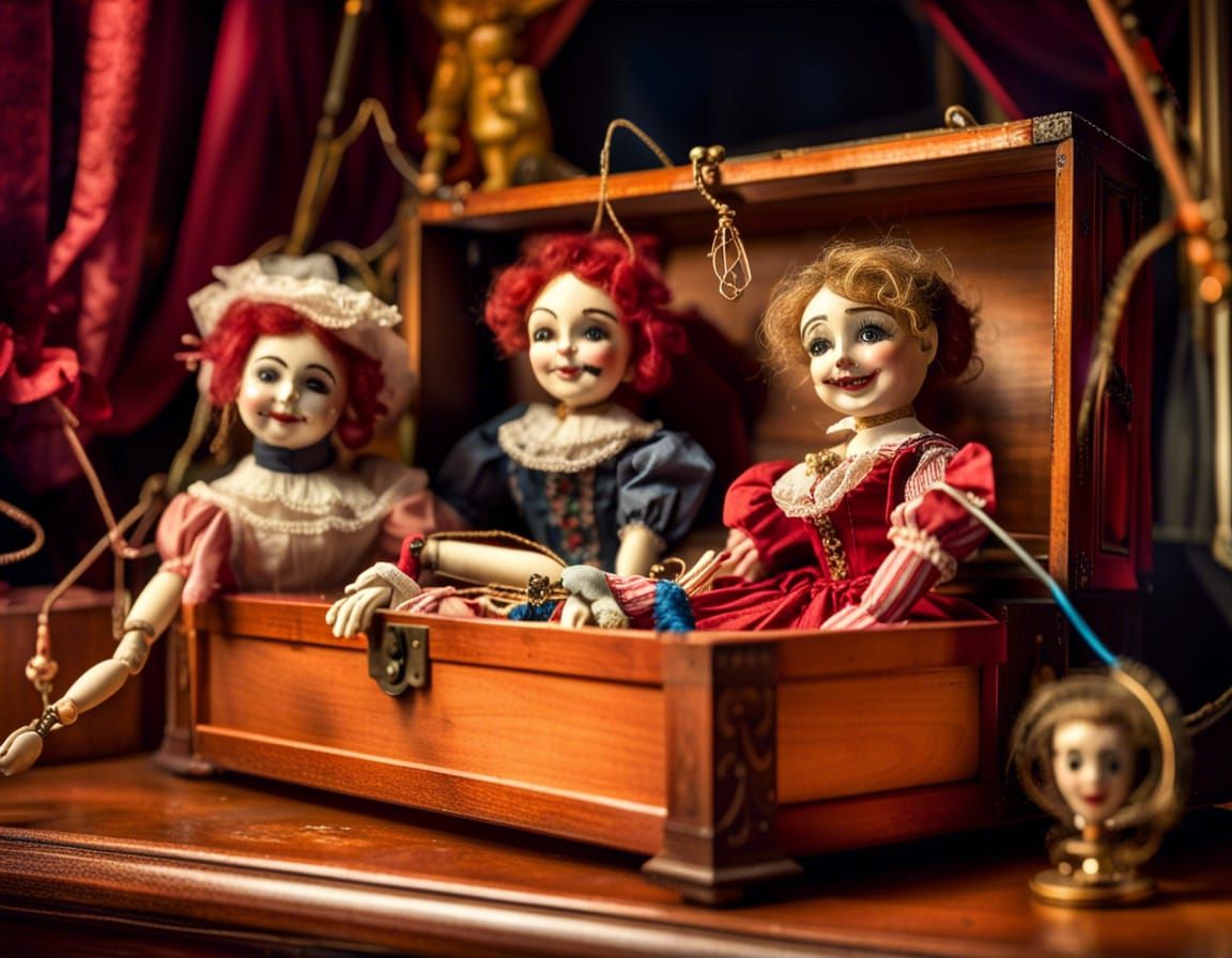 Victorian Marionette puppets in a toy box