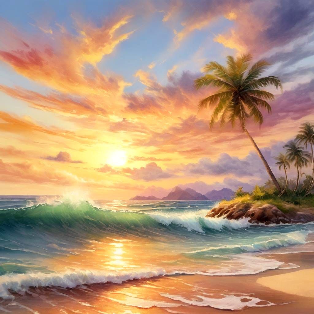Watercolor Island Sunset with Palm Tree