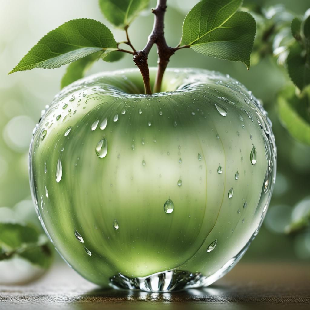 Crystal Glass Apple with Water Droplets in Hyperrealism