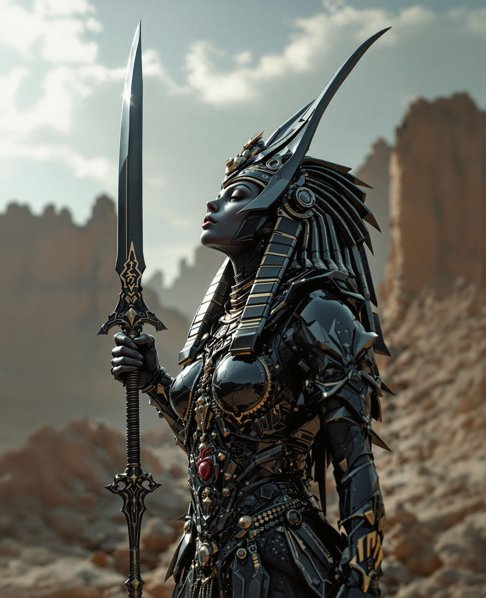 Ancient Egyptian Female Warrior, very detailed armor, Anubis Headpiece made of glossy black metal, Sacrificial Dagger in...