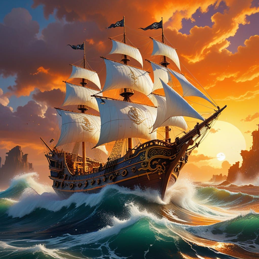 Golden Pirate Ship Sailing on Orange Juice Sea