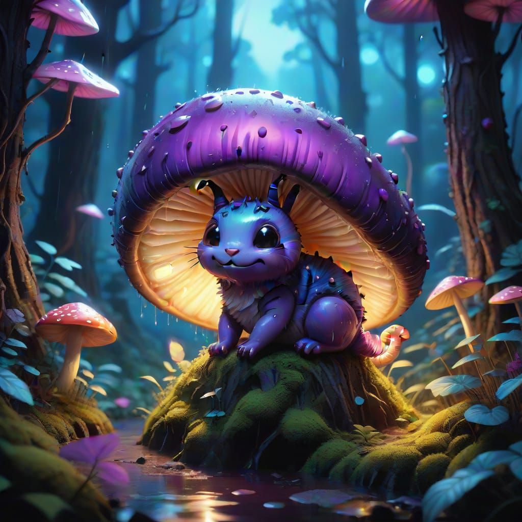 Whimsical Chibi Caterpillar in Dreamlike Forest Scene