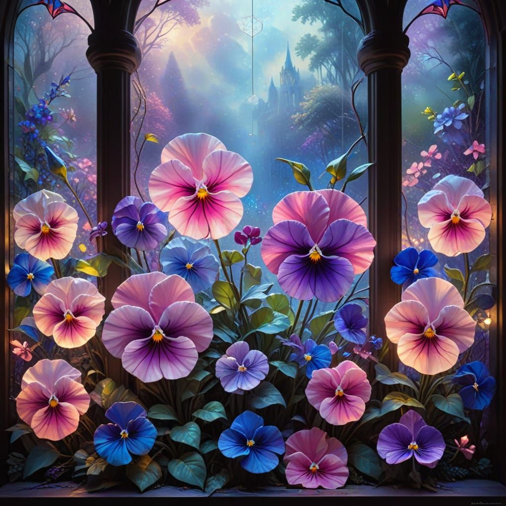 Ethereal Stained Glass Pansy Window in Mist