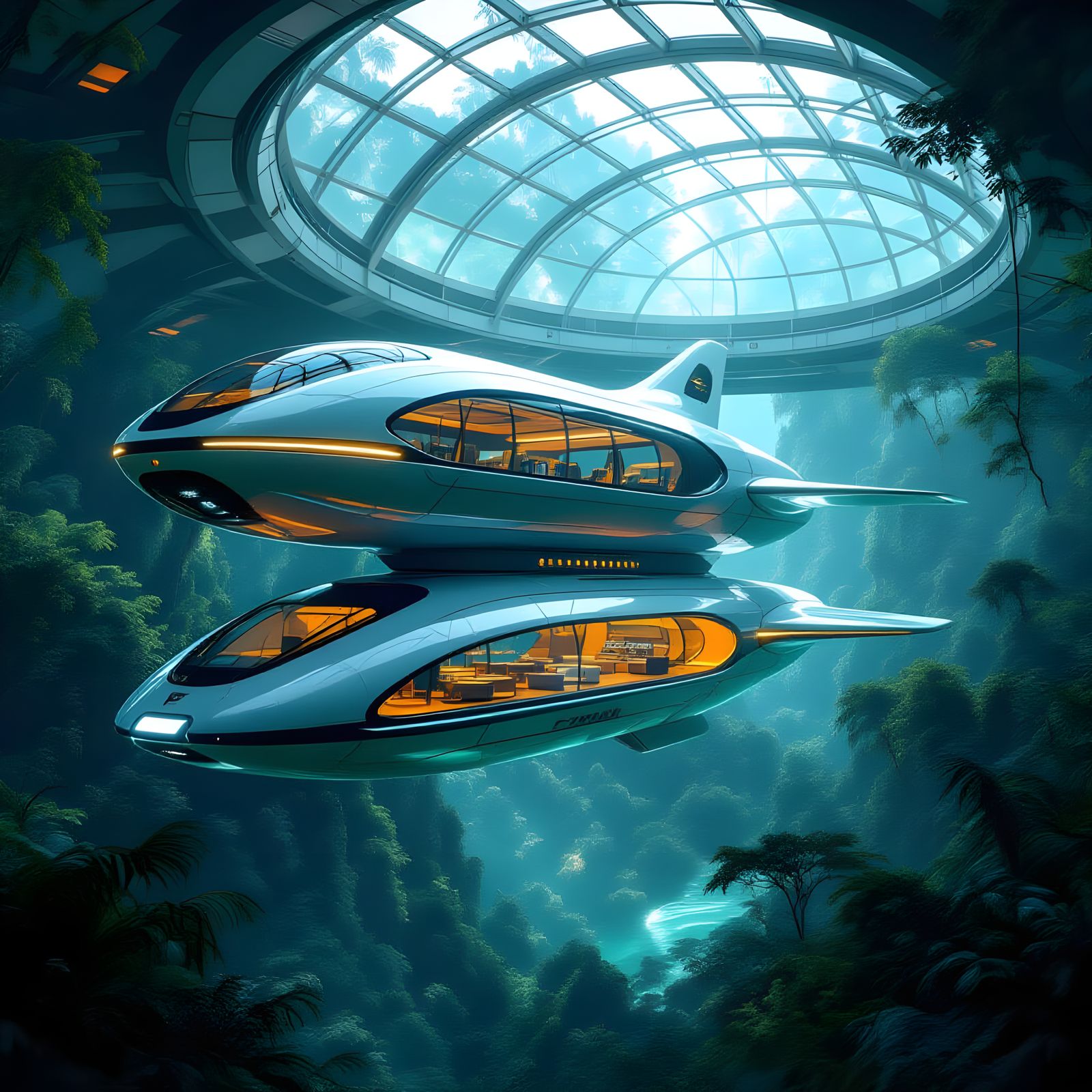 A  colossal, futuristic double-decker aircraft, its exterior...