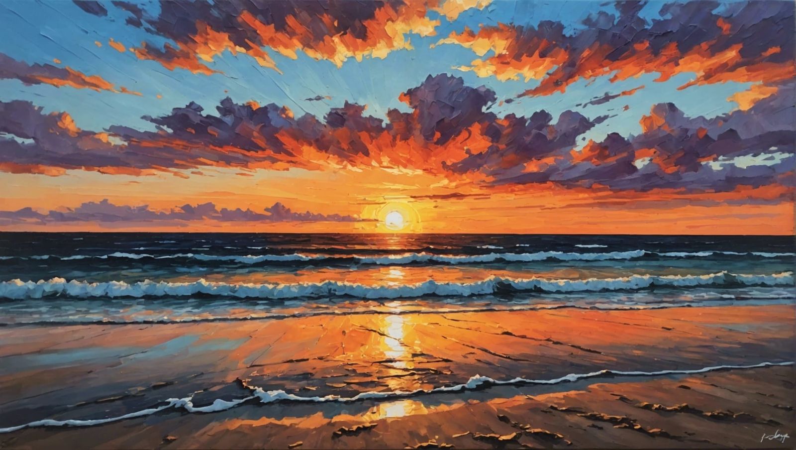 Dynamic Sunset Beach in Impasto Painting Style