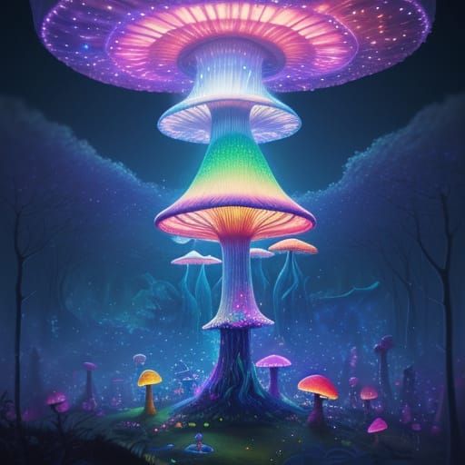 Giant Glowing Mushroom Land with Fairies in Vibrant Mixed Me...